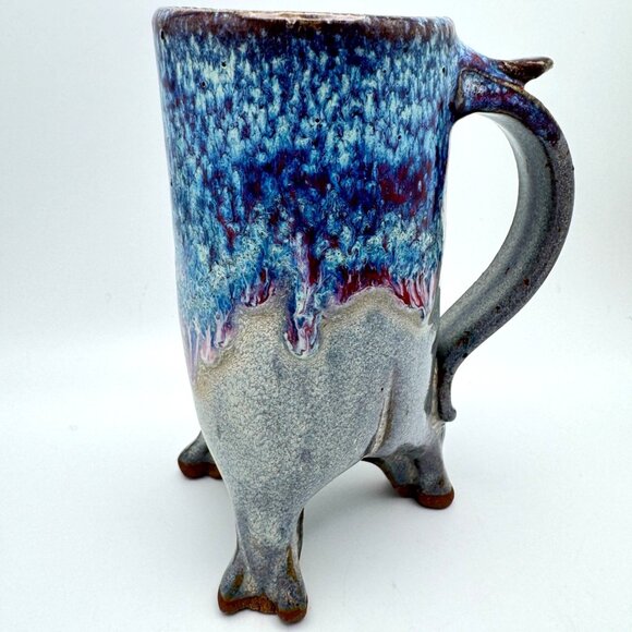 Art Pottery Blue Drip Glaze Coffee Mug Thumb Rest Unique Animal-Like Footed Base - Picture 8 of 8